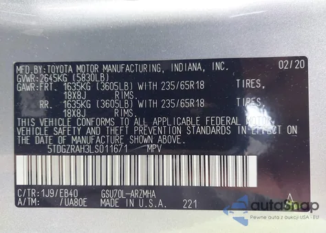 2020 Toyota Highlander Xle z USA, uszkodzony, nr VIN 5TDGZRAH3LS011671